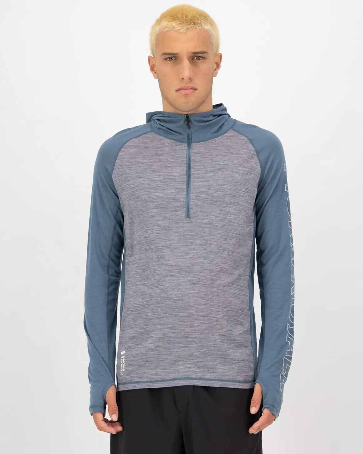 Temple Merino Long Sleeve Hood - Grey Heather / Goblin Blue