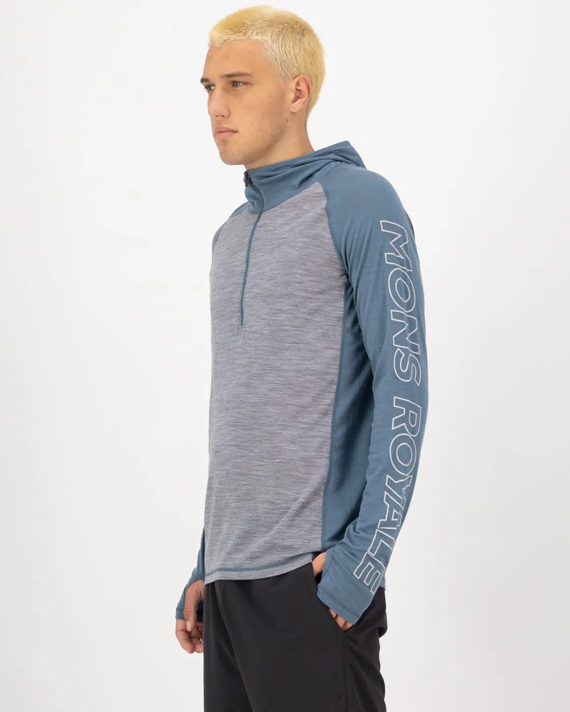 Temple Merino Long Sleeve Hood - Grey Heather / Goblin Blue