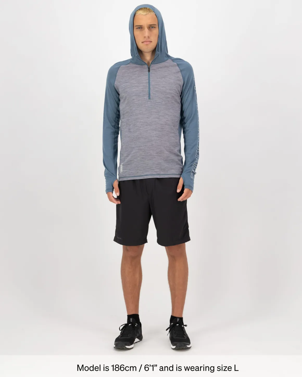 Temple Merino Long Sleeve Hood - Grey Heather / Goblin Blue